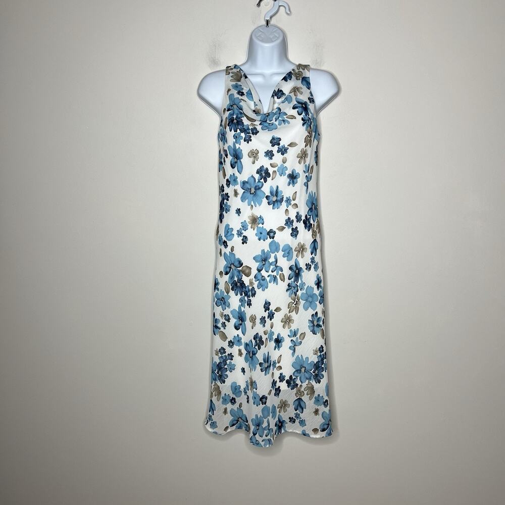 FLP Faith Love Passion Dress Womens Size 4 White Blue Floral Chiffon VTG 90s